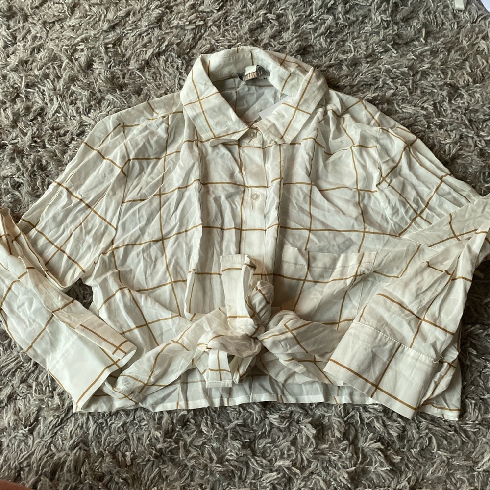 White and gold plaid blouse